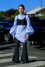 black bra, black pants, blue shirt, crop top, earrings, fashion week, flare pants, frenchystyle, full length, FW, jonathan paciullo, PARIS, PFW, SPRING SUMMER 2017, SS 17, street style, trousers, vertical