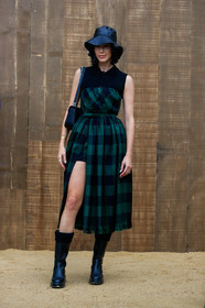 brittany xavier, black hat, tulle hat, dior hat, black dress, black leather boots, green dress, checked dress, long dress, split dress, sleeveless dress, dior dress, high boots, flat boots, chelsea boots, black socks, big sole boots, fashion week, frenchystyle, FW, jonathan paciullo, street style, SPRING SUMMER 2020, SS 20, PFW, PARIS, vertical, full length