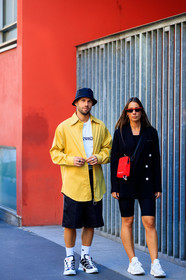 adidas, alice & j.s, beige shirt, black hat, black jacket, black shorts, blazer, graphic top, leather bag, leather shoes, louis vuitton, nike, off white, printed t shirt, red bag, sunglasses, white sneakers, white t shirt, street style, jonathan paciullo, FW, frenchystyle, fashion week, MFW, MILAN, SPRING SUMMER 2019, SS 19, vertical, full length