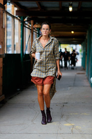 bracelet, brown shorts, checked, céline, graphic shirt, high heels, leather shoes, Lucy Chadwick, necklace, plaid, printed shirt, purple boots, street style, jonathan paciullo, FW, frenchystyle, fashion week, NEW YORK, NYFW, SPRING SUMMER 2020, SS 20, vertical, full length
