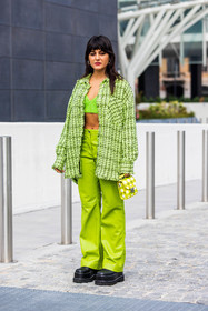 black shoes, checked bag, checked shirt, chunky shoes, color, fluo color, green bra, green monochrome, green pants, knitted bra, leather bag, leather pants, leather shoes, Maria Bernad, monochrome, msmg look, plateform, print, printed bag, printed shirt, yellow bag, fashion week, frenchystyle, FW, jonathan paciullo, street style, SPRING SUMMER 2022, SS 22, MFW, MILAN, vertical, full length