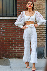 bambi northwood blyth, crop top, graphic pants, high heels, high waist, lace, leather shoes, model, printed pants, red lips, tone on tone, total look white, transparent shoes, trousers, white pants, white top, street style, jonathan paciullo, FW, frenchystyle, fashion week, NEW YORK, NYFW, SPRING SUMMER 2020, SS 20, vertical, full length