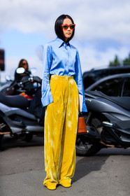 blue shirt, brown bag, fashion week, frenchystyle, full length, FW, jonathan paciullo, leather bag, PARIS, PFW, SPRING SUMMER 2017, SS 17, street style, sunglasses, trousers, velvet, vertical, yellow pants, yoyo cao