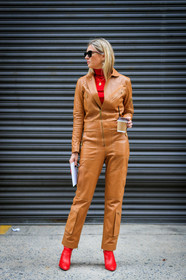 brown jumpsuit, high heels, leather jumpsuit, leather shoes, red boots, red sweater, sunglasses, trousers, street style, jonathan paciullo, FW, frenchystyle, fashion week, NYFW, NEW YORK, AUTUMN WINTER 2018-2019, AW 18-19, FALL WINTER 2018-2019, FW 18-19, vertical, full length, avery blanchard, camille charriere