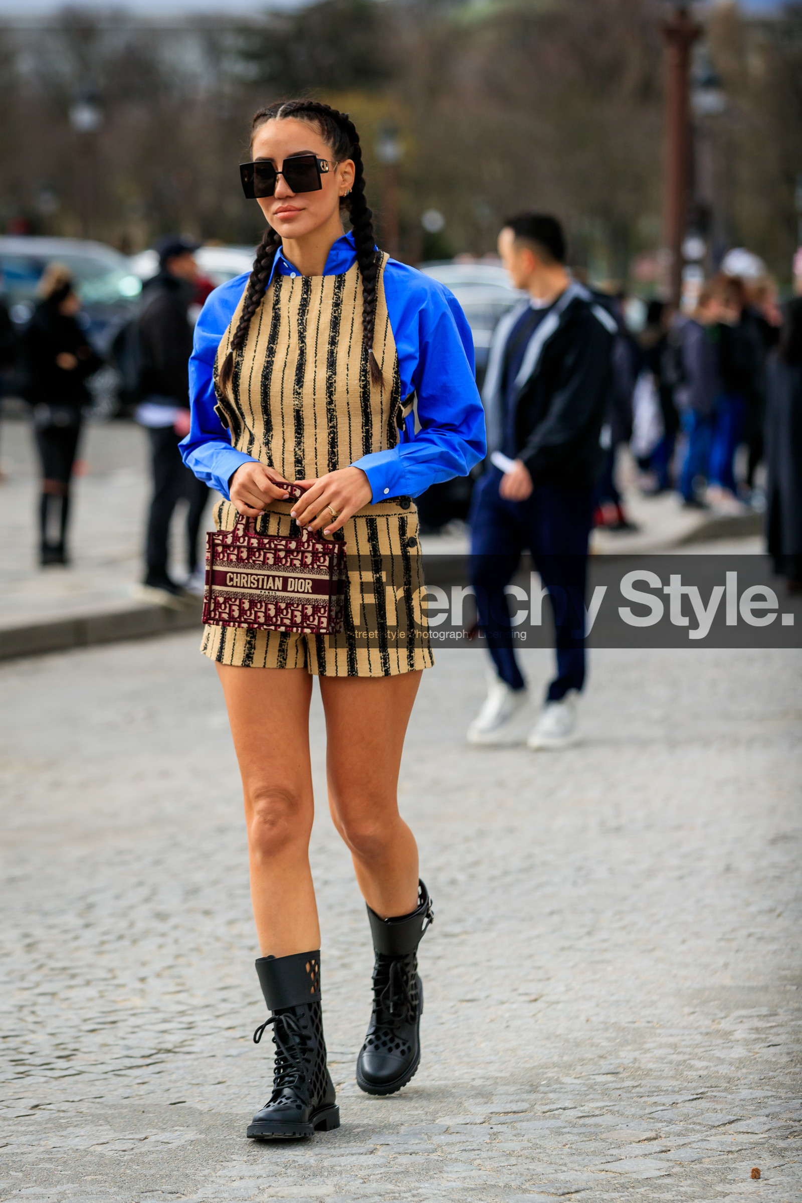 tamara kalinic, blue shirt, plaited hair, dior bag, dior sunglasses, big sunglasses, square shape glasses, beige jumpsuit, black jumpsuit, striped jumpsuit, sleeveless jumpsuit, short jumpsuit, burgundy bag, monogrammed bag, mini bag, hand bag, black leather boots, laced boots, flat boots, openwork boots, fishnet shoes, dior boots, fashion week, frenchystyle, FW, jonathan paciullo, street style, PFW, PARIS, AUTUMN WINTER 2020-2021, FALL WINTER 2020-2021, FW 20-21, vertical, full length