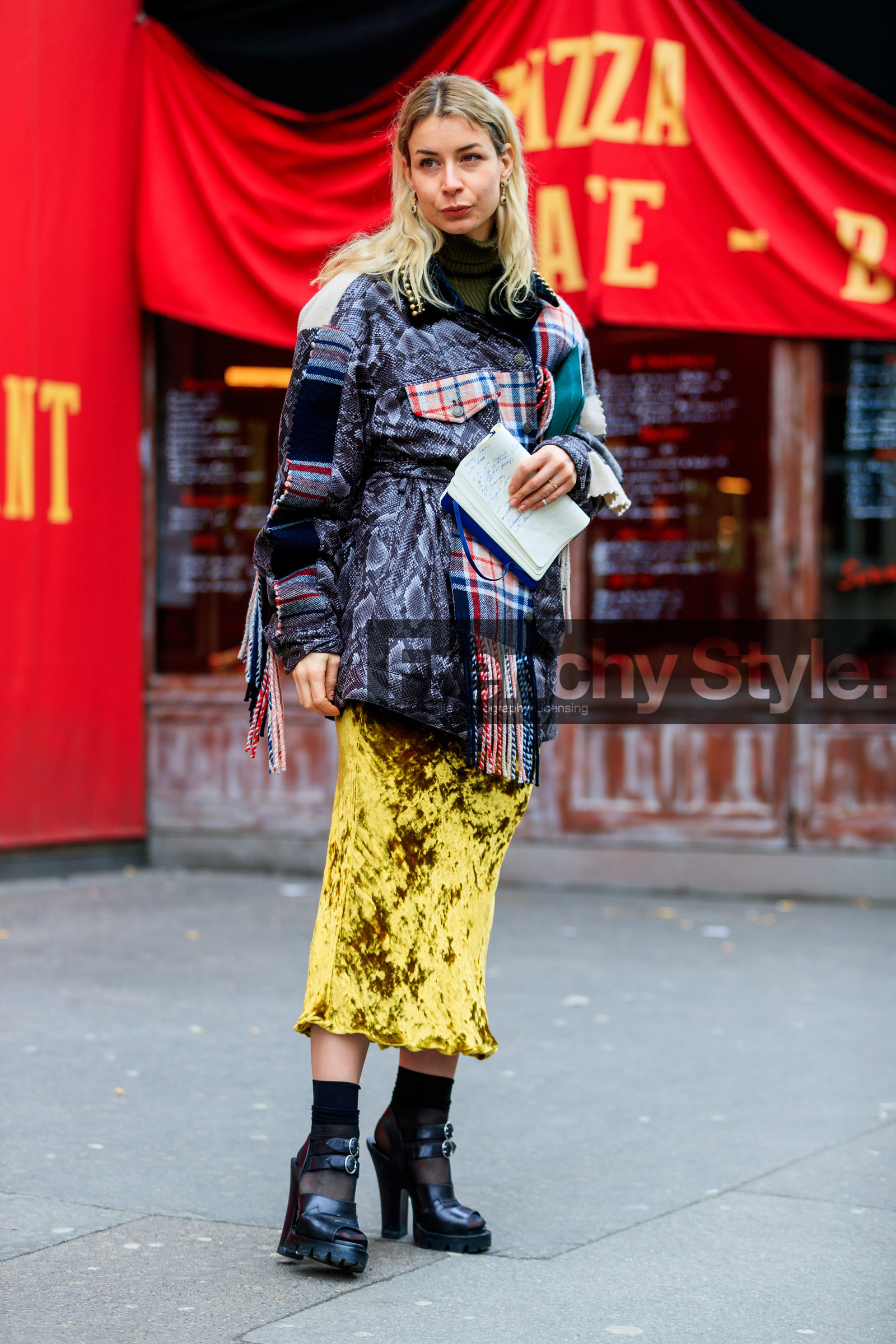 black shoes, black socks, checked, fringes, graphic jacket, green sweater, grey jacket, high heels, leather shoes, plaid, prada, printed jacket, snake print, tartan, velvet, yellow skirt, street style, jonathan paciullo, FW, frenchystyle, fashion week, PFW, PARIS, AUTUMN WINTER 2018-2019, FALL WINTER 2018-2019, FW 18-19, vertical, full length, irina lakicevic