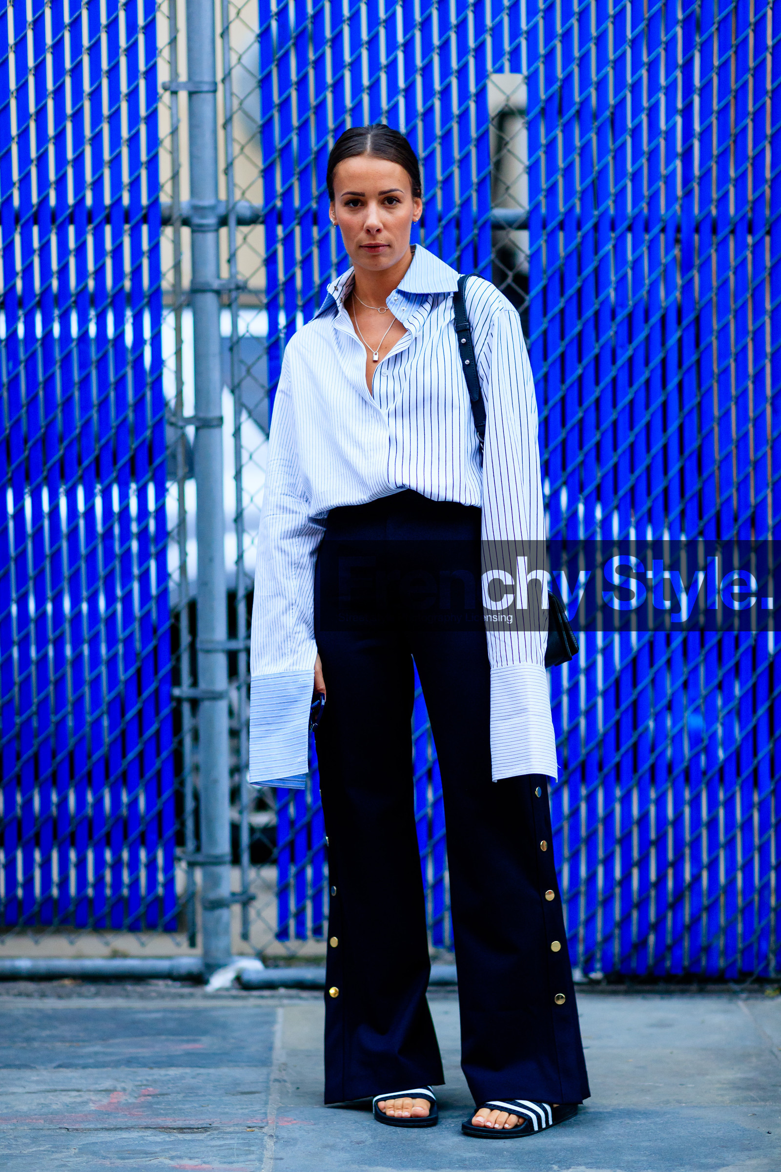 adidas, Alice & Js, fashion week, frenchystyle, full length, FW, geometric, golden details, jonathan paciullo, NEW YORK, NYFW, SPRING SUMMER 2017, SS 17, street style, striped shirt, trousers, vertical, white shirt, woman