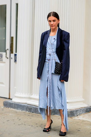 black bag, black jacket, black shoes, blazer, blue dress, bottega veneta, high heels, leather bag, leather shoes, madelynn furlong, paco rabanne, street style, jonathan paciullo, FW, frenchystyle, fashion week, NEW YORK, NYFW, SPRING SUMMER 2020, SS 20, vertical, full length