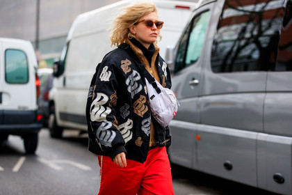 black jacket, camel knit, fanny pack, graphic jacket, leather bag, printed jacket, red pants, sunglasses, trousers, white bag, fashion week, frenchystyle, FW, jonathan paciullo, street style, PFW, PARIS, AUTUMN WINTER 2018-2019, FALL WINTER 2018-2019, FW 18-19, horizontal, atmosphere details
