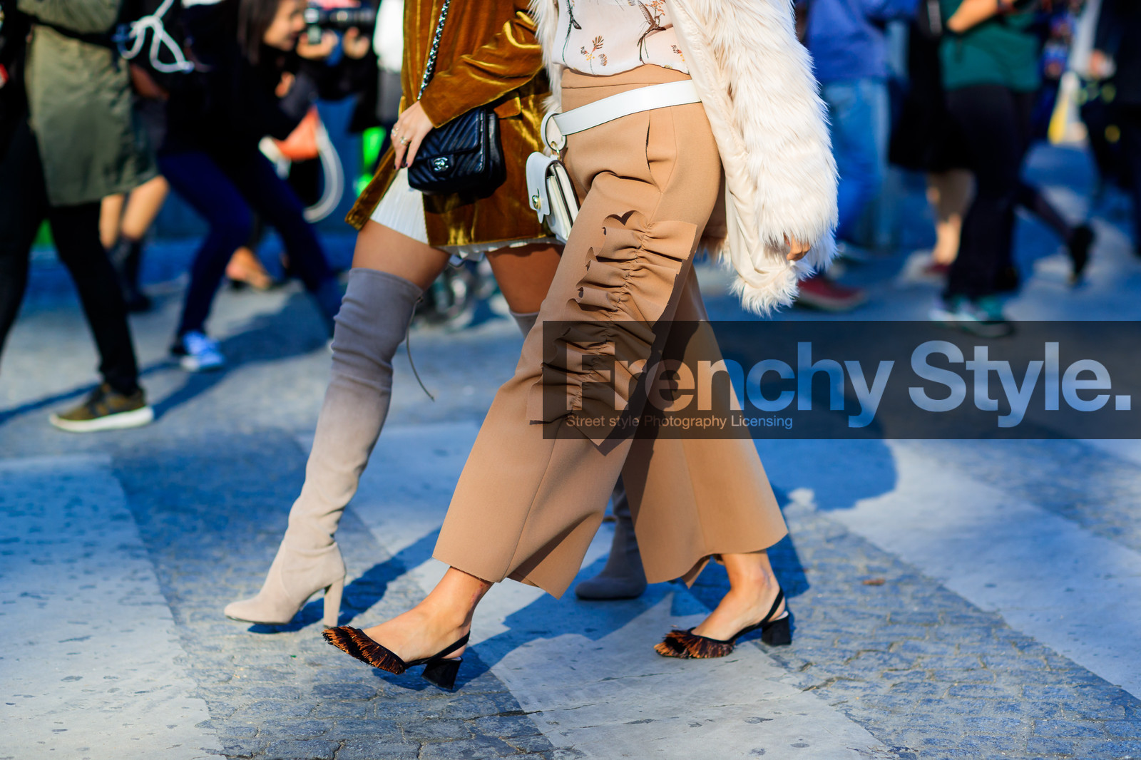 atmosphere details, beige pants, black bag, brown shoes, chanel, detail, fanny pack, fashion week, frenchystyle, Fur coat, FW, grey boots, high boots, horizontal, jonathan paciullo, leather bag, leather shoes, PARIS, PFW, ruffle, ruffled, SPRING SUMMER 2017, SS 17, street style, suede shoes, trousers, velvet, white bag, white coat, white fur, white jacket
