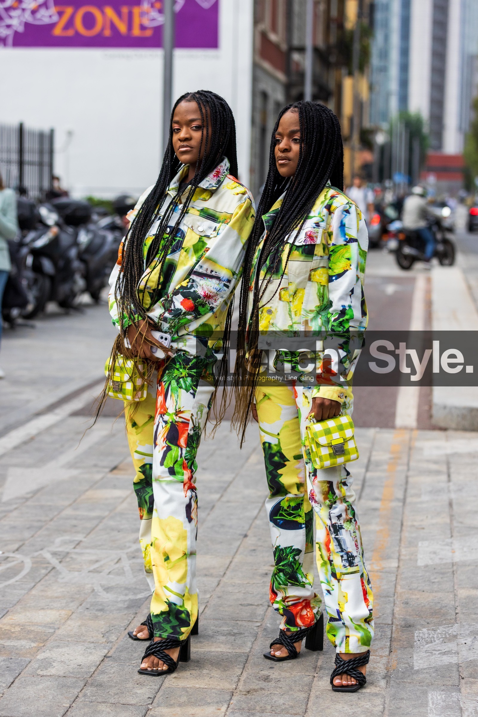 bag, black sandals, bread, duo, flower, flower print, jacket, leather sandals, msgm look, pants, print, printed jacket, printed pants, sandals, small bag, total look, yellow bag, yellow jacket, yellow pants, color, fashion week, frenchystyle, FW, jonathan paciullo, street style, SPRING SUMMER 2022, SS 22, MFW, MILAN, vertical, full length