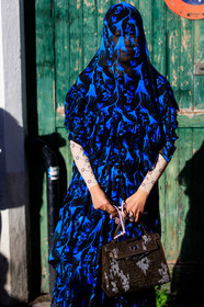 black scarf, black dress, blue dress, blue scarf, hair scarf, floral printed dress, floral printed scarf, white top, monogrammed top, marine serre top, long dress, ruffle dress, hermes bag, hand bag, brown leather bag, embroidered bag, letter embroidered bag, marine serre dress, fashion week, frenchystyle, FW, jonathan paciullo, street style, PFW, PARIS, AUTUMN WINTER 2020-2021, FALL WINTER 2020-2021, FW 20-21, vertical, atmosphere details, detail