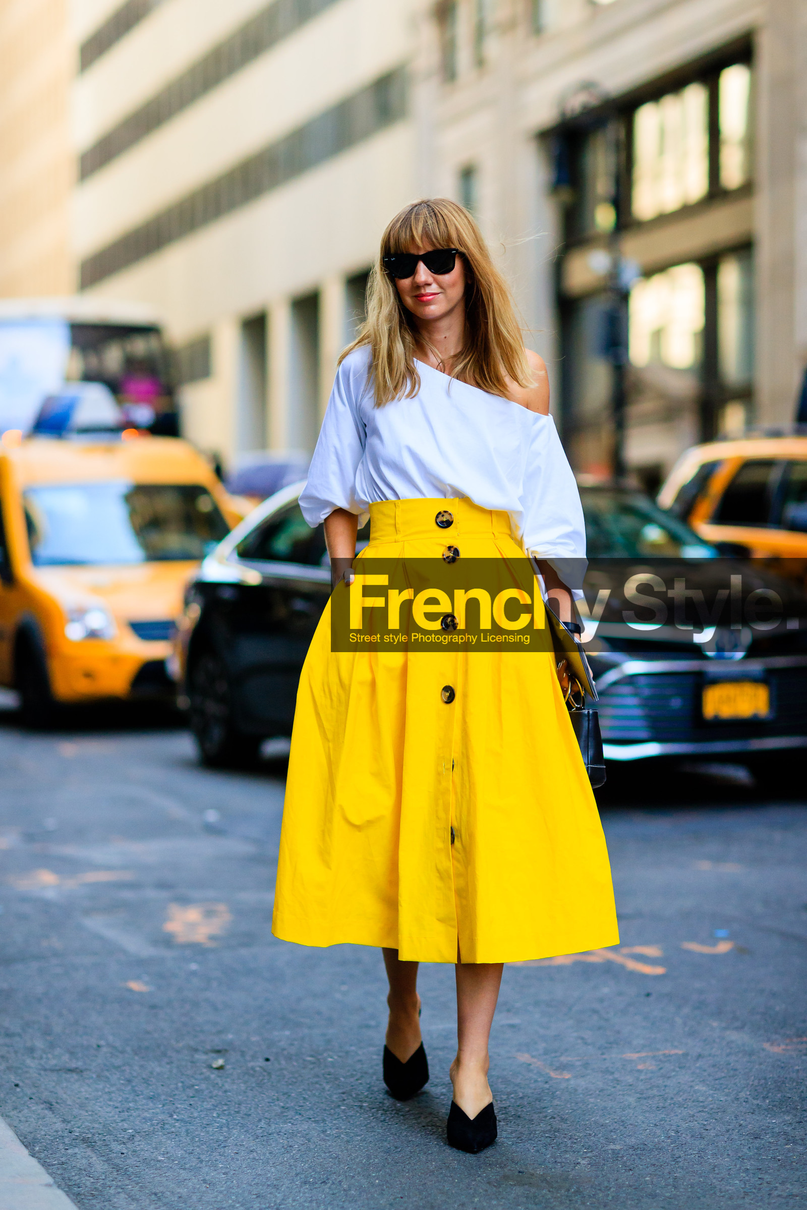asymetric, black shoes, fashion week, frenchystyle, full length, FW, high waist, jonathan paciullo, lisa aiken, NEW YORK, NYFW, one shoulder, SPRING SUMMER 2017, SS 17, street style, sunglasses, vertical, white top, woman, yellow skirt