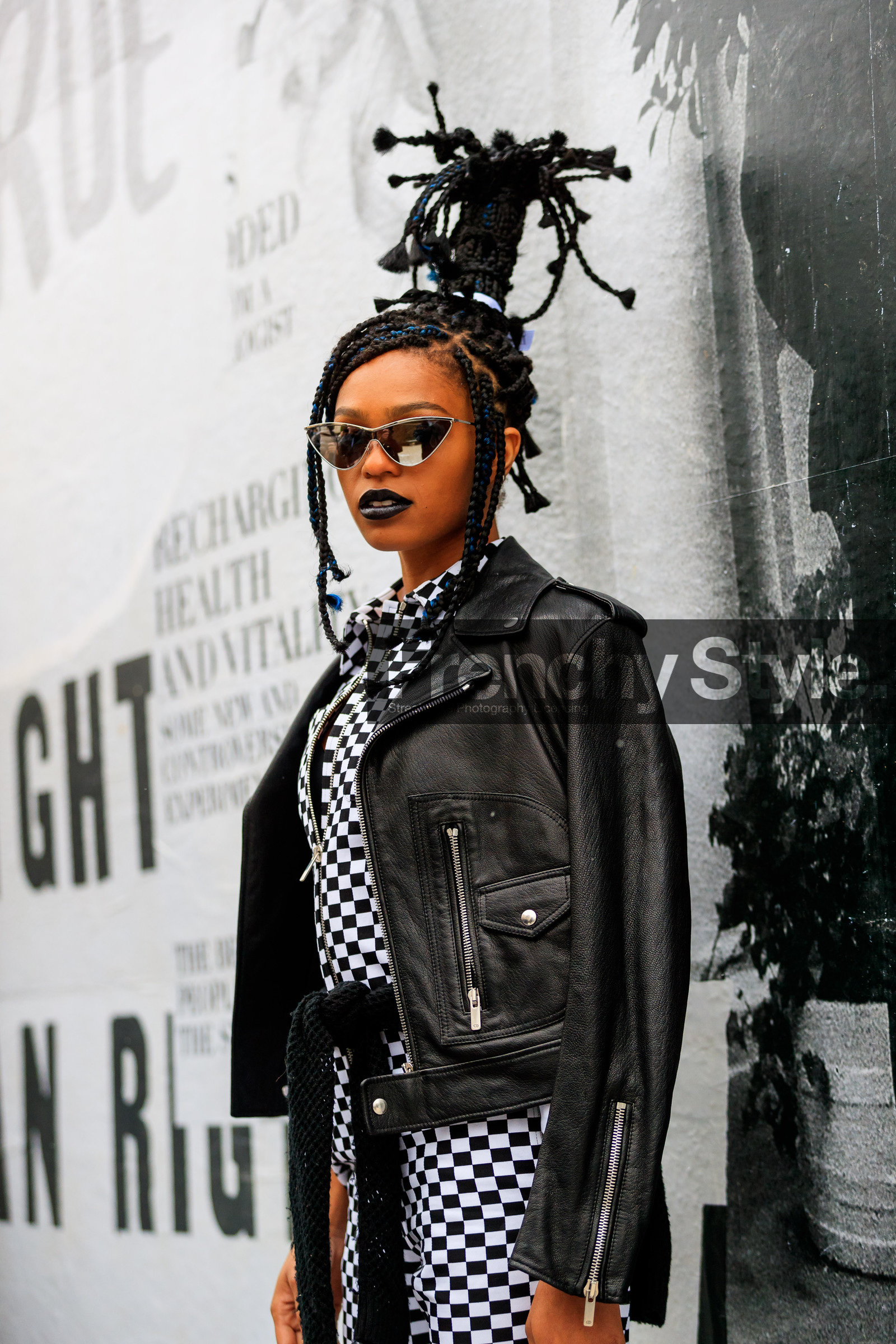 black jacket, black lips, black perfecto, braids, check jumpsuit, checked, christian dior, gingham, graphic jumpsuit, graphic pants, leather jacket, leather perfecto, plaid, printed jumpsuit, printed pants, sunglasses, tied up sweater, trousers, fashion week, frenchystyle, FW, jonathan paciullo, street style, PFW, PARIS, AUTUMN WINTER 2018-2019, FALL WINTER 2018-2019, FW 18-19, vertical, atmosphere details, selah marley