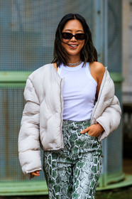 aimee song, white down jacket, quilted coat, white t-shirt, animal print pants, green pants, sleeveless t-shirt, sleeveless top, black sunglasses, margiela coat, fashion week, frenchystyle, FW, jonathan paciullo, street style, SPRING SUMMER 2020, SS 20, PFW, PARIS, vertical, atmosphere details, detail