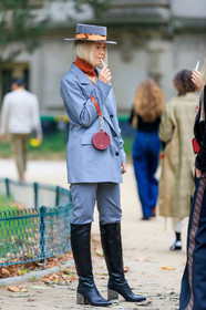 grey hat, light grey jacket, light grey hat, light grey pants, light grey suits, red leather bag, mini bag, round shape bag, black leather boots, high boots, high heels boots, fashion week, frenchystyle, FW, jonathan paciullo, street style, SPRING SUMMER 2020, SS 20, PFW, PARIS, vertical, full length
