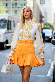 embroidered shirt, high waist, model, orange skirt, white bag, white shirt, street style, jonathan paciullo, FW, frenchystyle, fashion week, NEW YORK, NYFW, SPRING SUMMER 2020, SS 20, vertical, detail, atmosphere details
