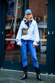 black scarf, black shoes, blue cap, blue denim, blue jacket, calvin klein, cowboy boots, denim pants, fanny pack, graphic bag, gucci, jeans, leather bag, leather shoes, monogram, printed bag, rain jacket, trousers, street style, jonathan paciullo, FW, frenchystyle, fashion week, NYFW, NEW YORK, AUTUMN WINTER 2018-2019, AW 18-19, FALL WINTER 2018-2019, FW 18-19, vertical, full length, laura maria wulff