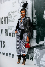 black jacket, black lips, black perfecto, black shoes, braids, check jumpsuit, checked, christian dior, christian louboutin, feathers, fishnet, gingham, graphic bag, graphic jumpsuit, graphic pants, high heels, leather bag, leather jacket, leather perfecto, leather shoes, open toe, plaid, printed bag, printed jumpsuit, printed pants, red bag, sunglasses, tied up sweater, trousers, fashion week, frenchystyle, FW, jonathan paciullo, street style, PFW, PARIS, AUTUMN WINTER 2018-2019, FALL WINTER 2018-2019, FW 18-19, vertical, full length, selah marley