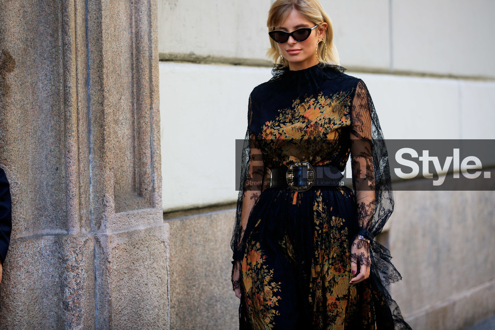 XENIA ADONTS, xnenia adonts, etro look, etro dress, etro belt, black dress, black sunglasses, black leather belt, belted dress, butterfly sunglasses, long dress, long sleeves dress, laced dress, floral printed dress, tulle dress, fashion week, frenchystyle, FW, jonathan paciullo, street style, horizontal, atmosphere details, detail, MFW, MILAN, SPRING SUMMER 2020, SS 20