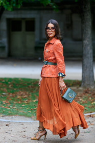 camila coelho, orange skirt, orange jacket, orange total look, floral embroidered jacket, silk skirt, long skirt, belted jacket, kaki leather bag, kaki leather belt, chloe bag, chloe skirt, chloe look, chloe jacket, scale sunglasses, smoked sunglasses, big sunglasses, hand bag, animal skin bag, animal skin sandals, yellow leather sandals, multi straps sandals, high heels sandals, fashion week, frenchystyle, FW, jonathan paciullo, street style, SPRING SUMMER 2020, SS 20, PFW, PARIS, vertical, full length
