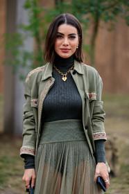 camila coelho, kaki jacket, kaki skirt, sheer skirt, tulle skirt, plumetis skirt, pleated skirt, dark grey pullover, turtleneck pullover, military jacket, embroidered jacket, big chain necklace, heart shape necklace, golden necklace, fashion week, frenchystyle, FW, jonathan paciullo, street style, SPRING SUMMER 2020, SS 20, PFW, PARIS, vertical, atmosphere details, detail