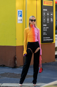 thora valdimars, tie and dye top, orange top, pink top, turtleneck top, long sleeves top, black pants, openwork pants, scale sunglasses, marni bag, red leather bag, white leather bag, camel leather bag, fashion week, frenchystyle, FW, jonathan paciullo, street style, vertical, full length, MFW, MILAN, SPRING SUMMER 2020, SS 20