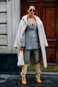 anna rosa vitiello, beige boots, beige coat, checked, Fur coat, graphic jacket, graphic pants, grey jacket, grey pants, high boots, high heels, leather shoes, necklace, over the shoulder, plaid, printed jacket, printed pants, sunglasses, trousers, LONDON, LFW, fashion week, frenchystyle, FW, jonathan paciullo, street style, AUTUMN WINTER 2019-2020, AW 19-20, FW 19-20, FALL WINTER 2019-2020, vertical, full length