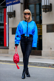 black denim, black shoes, blue jacket, bomber jacket, denim pants, high heels, jeans, leather bag, leather shoes, red bag, sunglasses, trousers, street style, jonathan paciullo, FW, frenchystyle, fashion week, LFW, LONDON, AUTUMN WINTER 2018-2019, AW 18-19, FALL WINTER 2018-2019, FW 18-19, vertical, full length, jeanette madsen