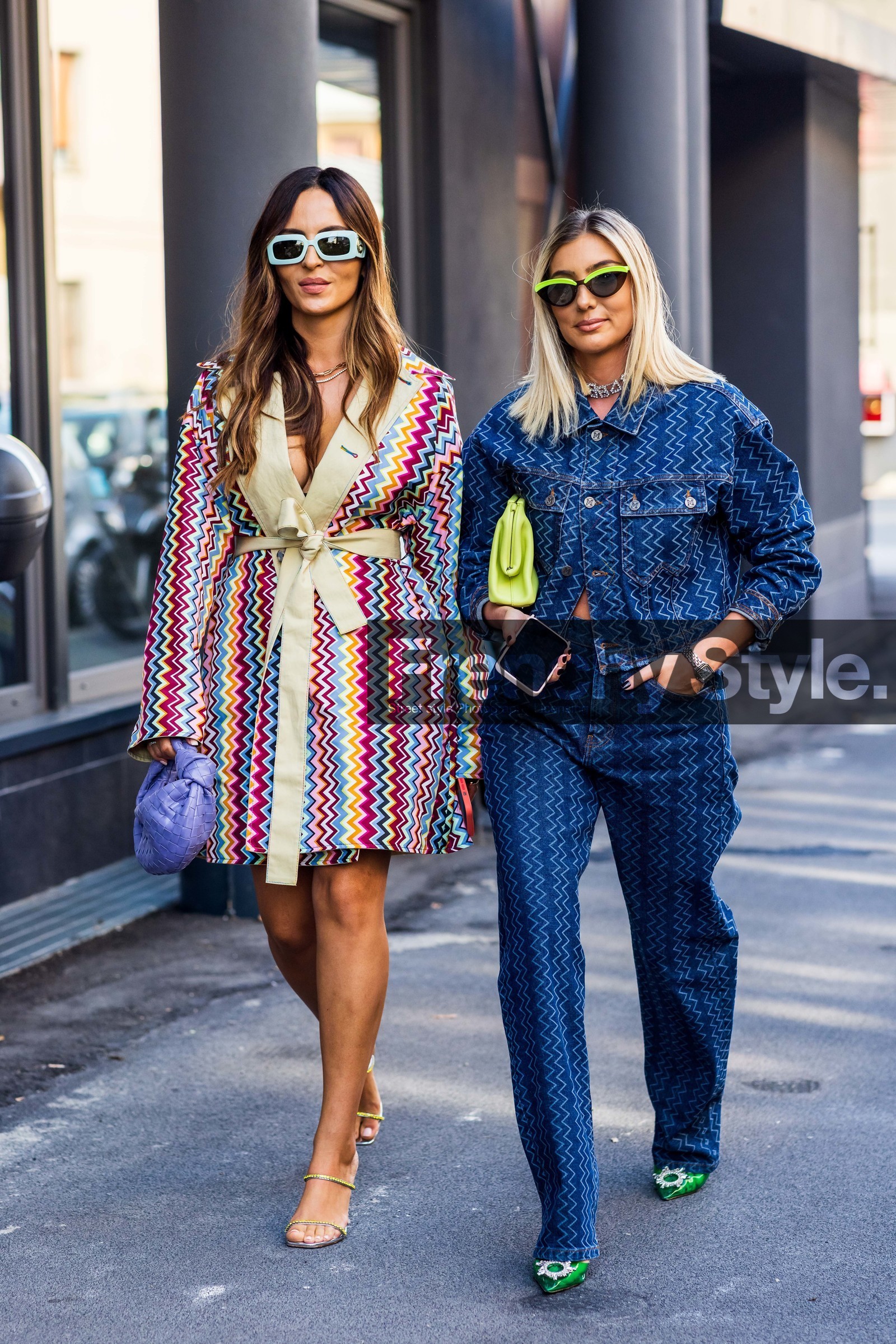 belted jacket, blue sunglasses, bottega veneta bag, color, colorful, colorful jacket, gucci sunglasses, leather bag, missoni look, print, printed jacket, purple bag, strass, sunglasses, yellow mules, cateye sunglasses, denim, denim jacket, denim pants, green heels, jean, leather bag, missoni look, print, small bag, strass, sunglasses, total look, yellow bag, yellow sunglasses, fashion week, frenchystyle, FW, jonathan paciullo, street style, SPRING SUMMER 2022, SS 22, MFW, MILAN, vertical, full length