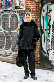 black bag, black fur coat, black jacket, black pants, black shoes, Daniela Kocianova, fur bag, headscarf, leather bag, leather shoes, model, moncler, tone on tone, total look black, trousers, yellow scarf, street style, jonathan paciullo, frenchystyle, NYFW, NEW YORK, AUTUMN WINTER 2019-2020, AW 19-20, FALL WINTER 2019-2020, FW 19-20, fashion week, FW, vertical, full length