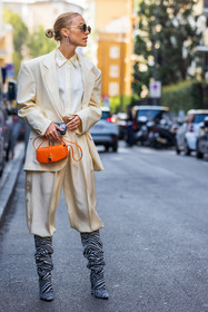 animal print, bag, bun, celine bag, cream blazer, cream pants, cream suit, leather bag, orange bag, sunglasses, Viktoria Rader, zebra boots, zebra print, fluid pants, fashion week, frenchystyle, FW, jonathan paciullo, street style, MFW, MILAN, SPRING SUMMER 2022, SS 22, vertical, full length