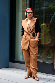 black bag, camel boots, camel jacket, camel pants, camel suit, courtney trop, headscarf, high heels, leather bag, leather shoes, loewe, maison martin margiela, mini bag, sunglasses, tabi shoes, trousers, street style, jonathan paciullo, FW, frenchystyle, fashion week, NEW YORK, NYFW, SPRING SUMMER 2020, SS 20, vertical, full length