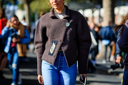 atmosphere details, balenciaga, blue denim, bold shoulders, brown jacket, denim pants, detail, fashion week, frenchystyle, FW, horizontal, jeans, jonathan paciullo, PARIS, PFW, SPRING SUMMER 2017, SS 17, street style, trousers