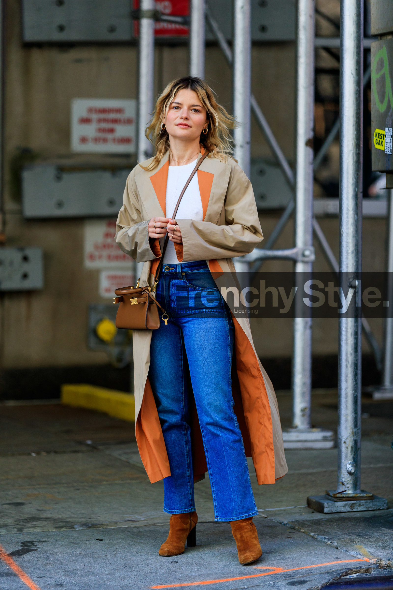 sabina socol, beige trench coat, camel suede boots, brown leather bag, crossbody bag, tory burch bag, blue jeans, cropped jeans, flare jeans, white top, orange trench coat, fashion week, frenchystyle, FW, jonathan paciullo, street style, FALL WINTER 2020-2021, AUTUMN WINTER 2020-2021, FW 20-21, vertical, full length, NYFW, NEW YORK