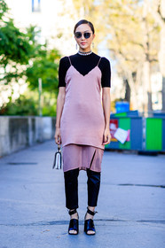 black pants, black shoes, black sweater, choker, Chriselle Lim, earrings, fashion week, frenchystyle, full length, FW, high heels, jonathan paciullo, leather bag, leather shoes, mini bag, necklace, PARIS, PFW, pink dress, pink top, SPRING SUMMER 2017, SS 17, street style, sunglasses, trousers, vertical