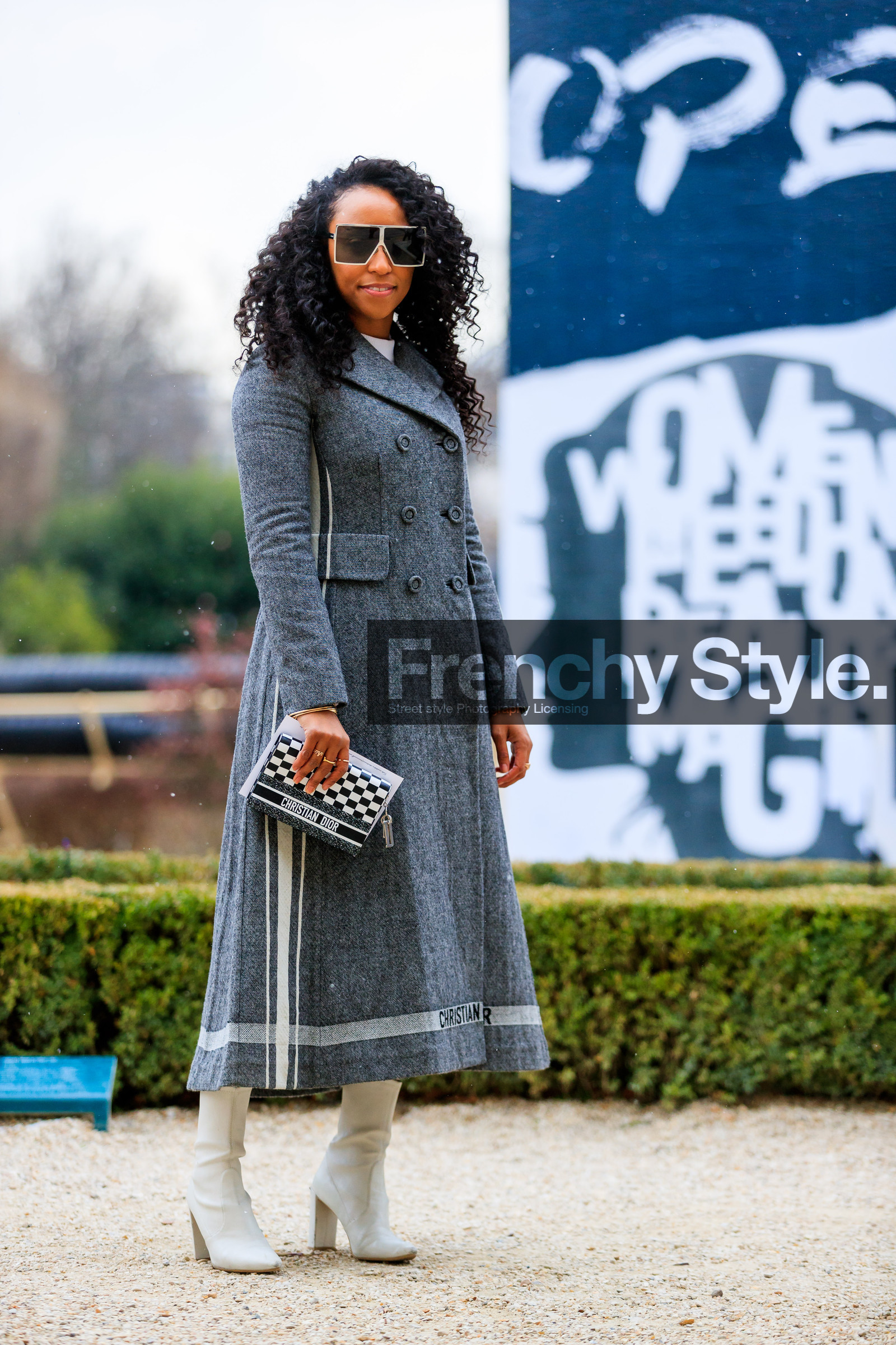 black and white bag, checked, christian dior, graphic bag, graphic jacket, grey coat, high heels, leather bag, leather shoes, plaid, printed bag, printed jacket, sunglasses, white boots, fashion week, frenchystyle, FW, jonathan paciullo, street style, PFW, PARIS, AUTUMN WINTER 2018-2019, FALL WINTER 2018-2019, FW 18-19, vertical, full length, shiona turini