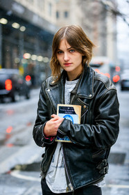 black jacket, black perfecto, graphic bag, grey t shirt, leather bag, leather jacket, leather perfecto, model, printed bag, street style, jonathan paciullo, frenchystyle, NYFW, NEW YORK, AUTUMN WINTER 2019-2020, AW 19-20, FALL WINTER 2019-2020, FW 19-20, fashion week, FW, vertical, atmosphere details, detail