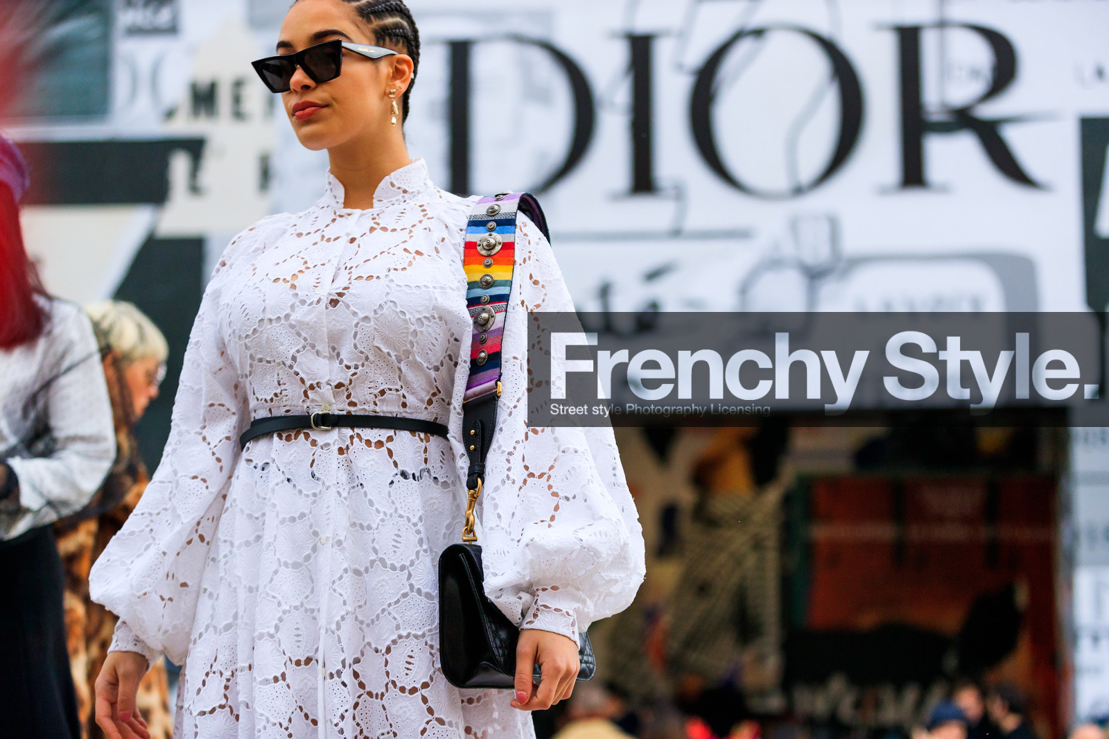 black bag, black belt, braids, christian dior, laser cut, leather bag, multicolor bag, sunglasses, white dress, fashion week, frenchystyle, FW, jonathan paciullo, street style, PFW, PARIS, AUTUMN WINTER 2018-2019, FALL WINTER 2018-2019, FW 18-19, horizontal, atmosphere details