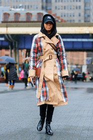 black cap, black shoes, black sweater, burberry, checked, checked coat, graphic jacket, hoodie, leather shoes, plaid, printed jacket, tartan, trench coat, street style, jonathan paciullo, FW, frenchystyle, fashion week, NYFW, NEW YORK, AUTUMN WINTER 2018-2019, AW 18-19, FALL WINTER 2018-2019, FW 18-19, vertical, full length, jan-michael quammie