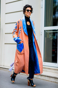 black knit, black shoes, blue denim, clogs, denim pants, fashion week, frenchystyle, full length, FW, high heels, japanese print, jeans, jonathan paciullo, leather shoes, orange jacket, PARIS, PFW, printed jacket, robe, SPRING SUMMER 2017, SS 17, street style, sunglasses, trousers, velvet, vertical, yasmin sewell