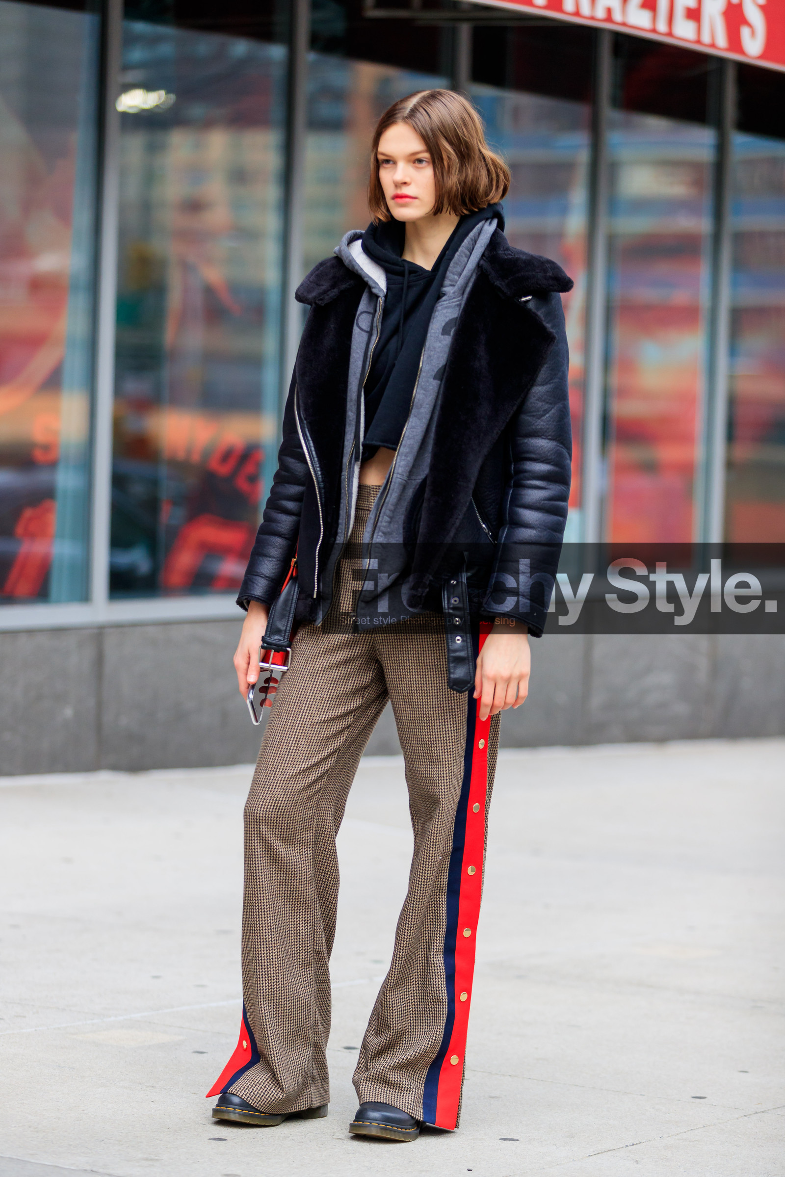 black jacket, black sweater, brown pants, fur collar, graphic pants, grey sweater, hoodie, leather jacket, leather shoes, printed pants, shearling, trousers, street style, jonathan paciullo, FW, frenchystyle, fashion week, NYFW, NEW YORK, AUTUMN WINTER 2018-2019, AW 18-19, FALL WINTER 2018-2019, FW 18-19, vertical, full length, model