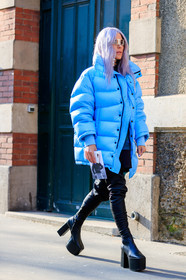 balenciaga, black pants, black shoes, blue jacket, down jacket, dyed hair, high heels, leather pants, leather shoes, sunglasses, trousers, street style, jonathan paciullo, FW, frenchystyle, fashion week, PFW, PARIS, AUTUMN WINTER 2018-2019, FALL WINTER 2018-2019, FW 18-19, vertical, full length