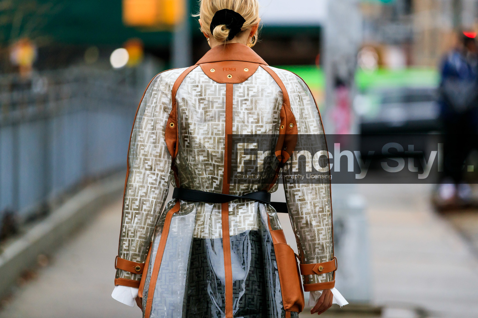 black skirt, fendi, graphic jacket, graphic skirt, leonie hanne, monogram, printed jacket, printed skirt, transparent coat, transparent jacket, trench coat, street style, jonathan paciullo, frenchystyle, NYFW, NEW YORK, AUTUMN WINTER 2019-2020, AW 19-20, FALL WINTER 2019-2020, FW 19-20, fashion week, FW, atmosphere details, horizontal, detail