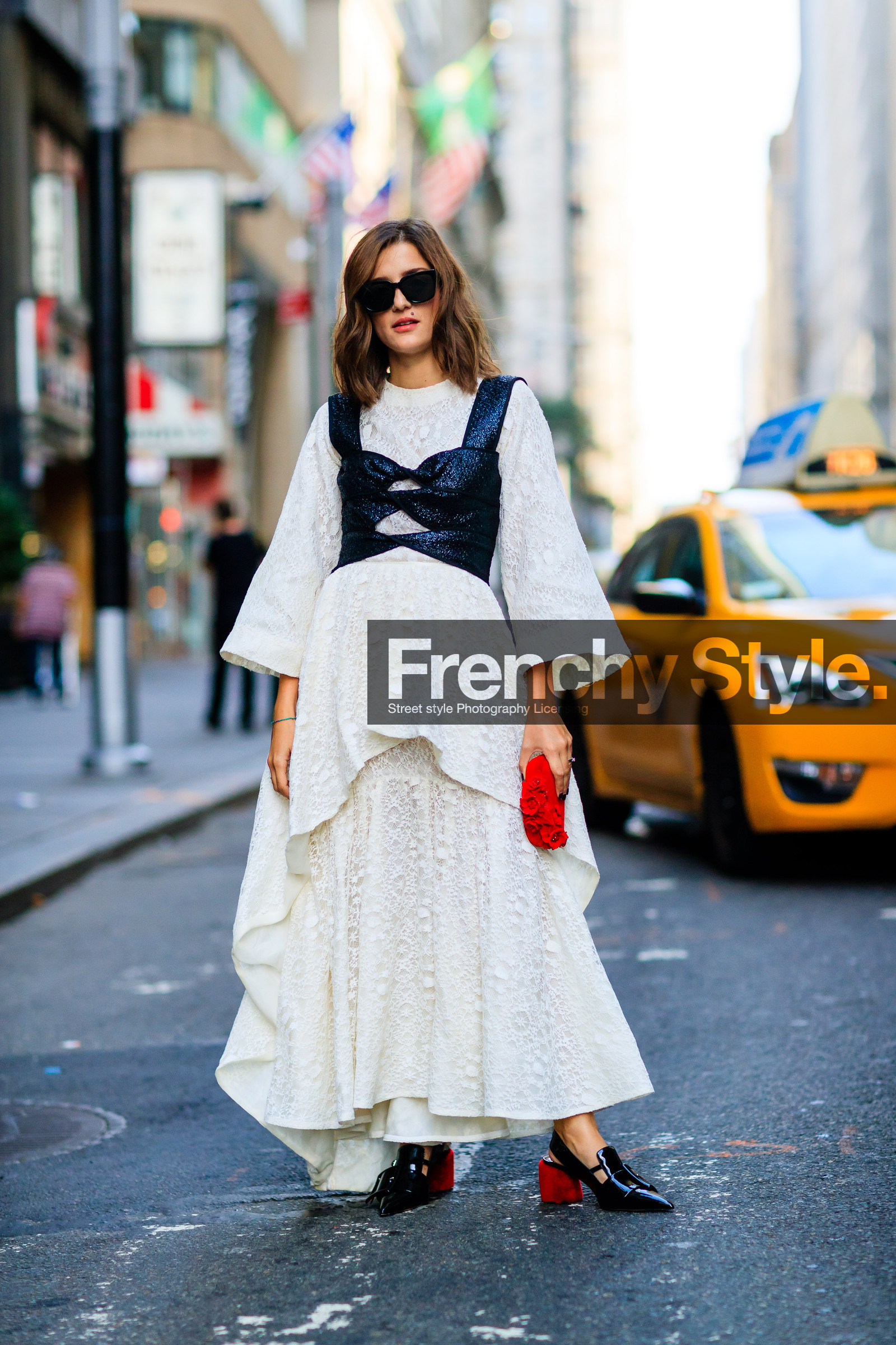 black shoes, black top, eleonora carisi, fashion week, frenchystyle, full length, FW, jonathan paciullo, layers, NEW YORK, NYFW, red clutch, SPRING SUMMER 2017, SS 17, street style, sunglasses, vertical, white dress, woman