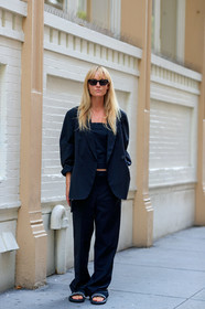 black jacket, black pants, black shoes, black suit, black top, blazer, jeanette madsen, leather shoes, oversize, sunglasses, tone on tone, total look black, trousers, street style, jonathan paciullo, FW, frenchystyle, fashion week, NEW YORK, NYFW, SPRING SUMMER 2020, SS 20, vertical, full length