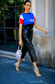 black pants, blue t shirt, crop top, fendi, fila, fringes, graphic bag, graphic top, high heels, jessica kahawaty, leather bag, leather pants, leather shoes, monogram, printed bag, printed t shirt, red lips, transparent shoes, trousers, white bag, street style, jonathan paciullo, FW, frenchystyle, fashion week, MFW, MILAN, SPRING SUMMER 2019, SS 19, vertical, full length