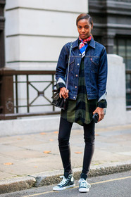black bag, black pants, black shoes, black sneakers, blue denim, blue scarf, checked shirt, converse, denim jacket, fashion week, frenchystyle, full length, FW, graphic shirt, green shirt, jonathan paciullo, karly loyce, leather bag, LFW, LONDON, model, plaid, printed scarf, printed shirt, saint laurent paris, SPRING SUMMER 2018, SS 18, street style, trousers, vertical