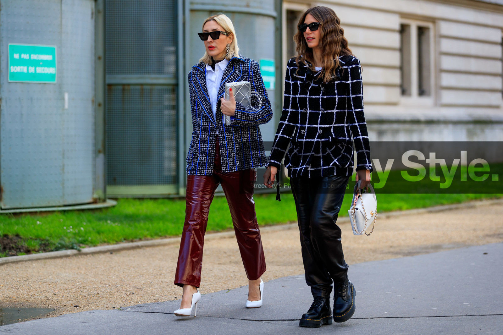 jen wonders, black jacket, black sunglasses, black leather pants, black leather boots, white leather bag, white shirt, checked jacket, tweed jacket, quilted bag, dangling earrings, strassed earrings, logo earrings, celine sunglasses, futurist shape sunglasses, navy blue jacket, burgundy leather pants, burgundy vinyl pants, vinyl pants, silvered bag, silvered clutch, white leather shoes, high heels shoes, pump, doc marteens shoes, laced boots, flat boots, chanel bag, chanel jacket, chanel earrings, fashion week, frenchystyle, FW, jonathan paciullo, street style, PFW, PARIS, horizontal, atmosphere details, full length