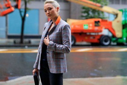 black pants, blazer, checked, graphic jacket, grey jacket, leather bag, leather pants, plaid, printed jacket, trousers, fashion week, frenchystyle, FW, jonathan paciullo, street style, NEW YORK, NYFW, SPRING SUMMER 2020, SS 20, horizontal, atmosphere details, detail